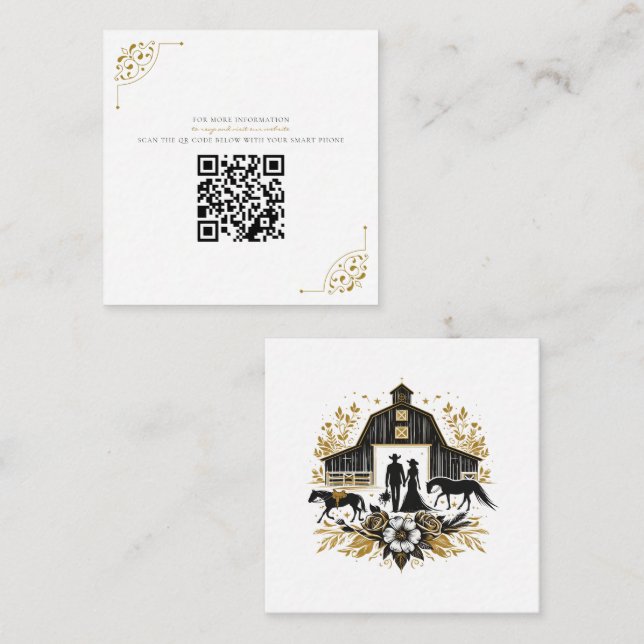 Cartão De Informações Casamento de País Preto e Dourado com Código QR (Frente/Verso)