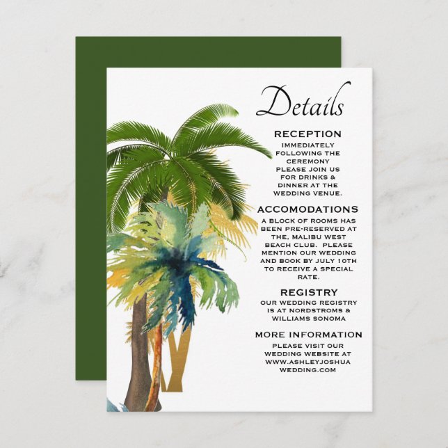 Cartão De Informações Casamento de Palm Tree Beach (Frente/Verso)