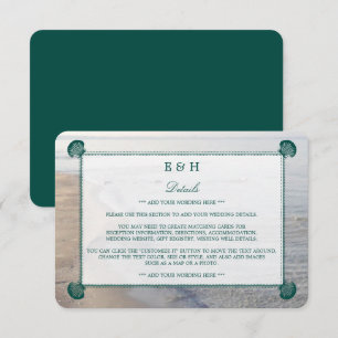 Cartão De Informações Casamento de Praia com Monograma Elegante e Concha