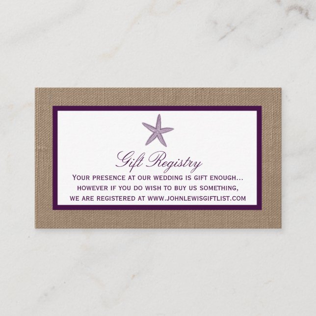 Cartão De Informações Casamento de Praia de Starfish Burlap | Escolha su (Frente)