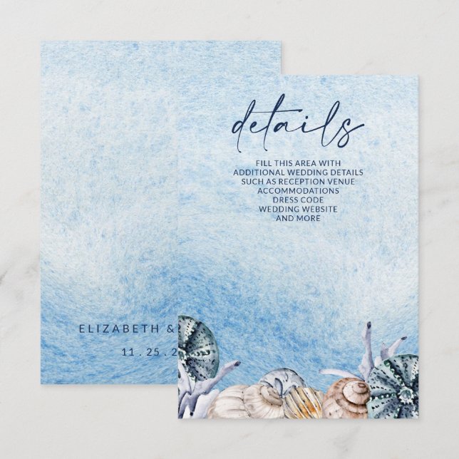 Cartão De Informações Casamento de Praia Rustic Seashells Ocean Sea Summ (Frente/Verso)