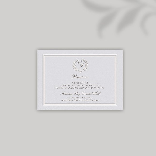 Cartão De Informações Casamento de Recepção Clássica Costeira de Âncora  (nautical wedding reception modern classic formal traditional faux embossed anchor crest monograms)