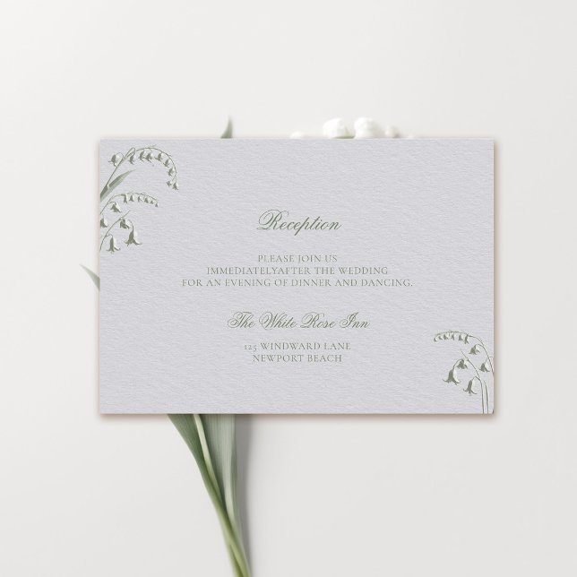 Cartão De Informações Casamento de Recepção Verde Faux Embossed Lily Val (formal wedding reception details card classic traditional faux embossed lily of the valley green)