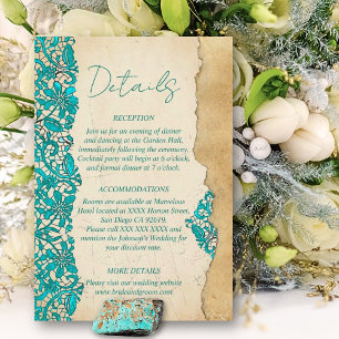Cartão De Informações Casamento de renda floral turquesa barroca 