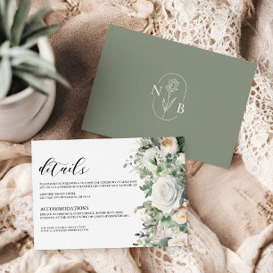 Cartão De Informações Casamento de Rosa Branca Eucalyptus, Elegante Gree