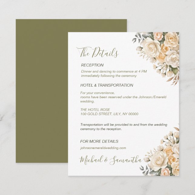 Cartão De Informações Casamento de Rosa de marfim e branco de pérola ele (Frente/Verso)