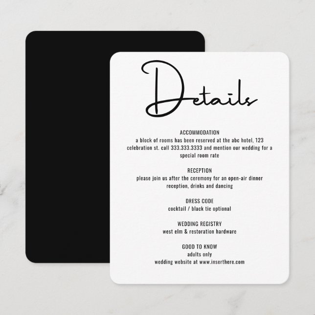 Cartão De Informações Casamento de Script de Caligrafia Negra Mínima Mod (Frente/Verso)