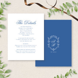 Cartão De Informações Casamento de Script Formal do Monograma Azul Elega