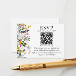 Cartão De Informações Casamento de Watercolor Flores Selvagens QR RSVP
