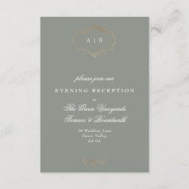 Cartão De Informações casamento do monograma clássico de ouro verde-sábi