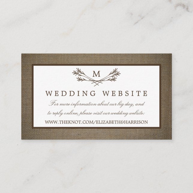 Cartão De Informações Casamento do Monograma Russo do País & Burlap (Frente)