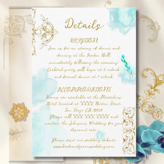 Cartão De Informações Casamento Dourado de Teal Vintage Calliografia Bar