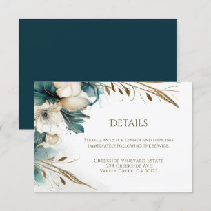 Cartão De Informações Casamento Dourado do Teal Floral Elegante Greenery