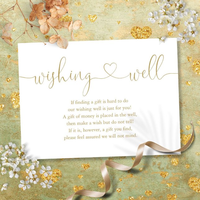 Cartão De Informações Casamento Dourado Elegante de Boas-Vindas (Elegant Gold Heart Script Wishing Well Wedding Enclosure Card)