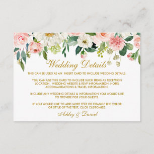 Cartão De Informações Casamento Dourado Floral com Blush de Cor-de-Água