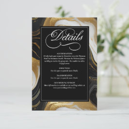 Cartão De Informações Casamento Dourado, Preto e Branco Marmoreado Elega