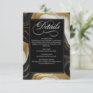 Cartão De Informações Casamento Dourado, Preto e Branco Marmoreado Elega