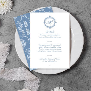 Cartão De Informações Casamento Elegante com Monograma Toile Azul Vintag