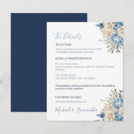 Cartão De Informações Casamento Elegante com Rosa Azul e Marfim