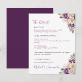 Cartão De Informações Casamento Elegante com Rosa Roxa e Marfim