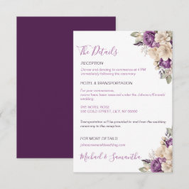 Cartão De Informações Casamento Elegante com Rosa Roxa e Marfim
