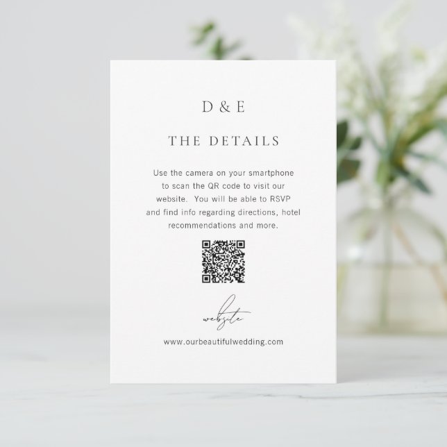 Cartão De Informações Casamento elegante de código QR preto e branco clá (Em pé/Frente)