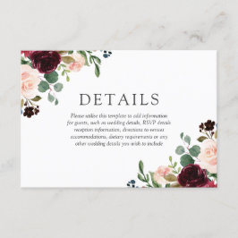 Cartão De Informações Casamento Elegante De Flores De Blush E Borgonha