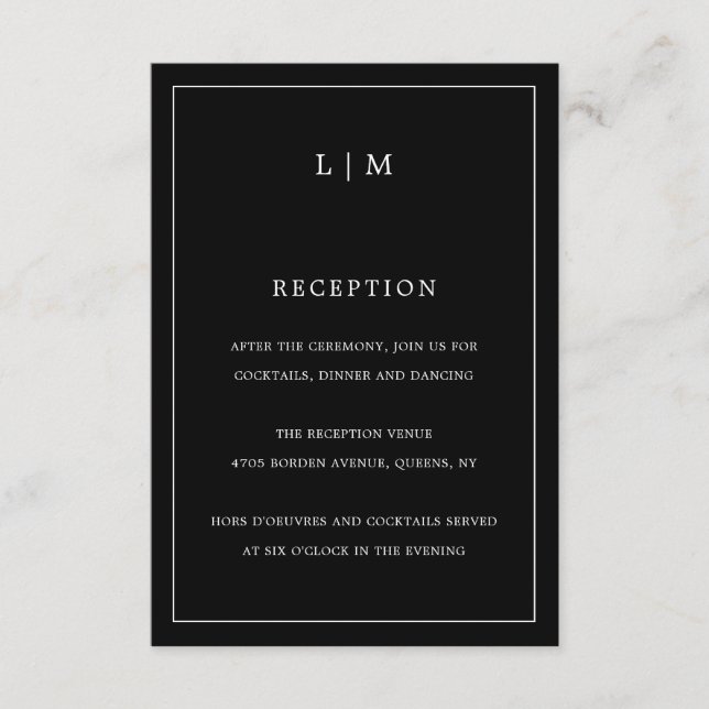 Cartão De Informações Casamento elegante de monograma preto simples (Frente)