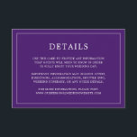 Cartão De Informações Casamento elegante de monograma roxo simples<br><div class="desc">Simples cartão de cerimônia de núpcias com um design moderno, mas elegante, com seus detalhes cercados por uma fina fronteira. Todo o texto está branco sobre um fundo roxo. As fontes e as cores de fundo podem ser alteradas para qualquer cor desejada clicando no botão "personalizar". Um design chic e...</div>