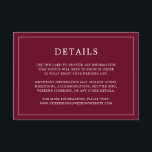 Cartão De Informações Casamento Elegante e Simples Monograma em Borgonha<br><div class="desc">Cartão de acompanhamento de casamento simples com um design moderno e elegante com seus detalhes cercados por uma fina borda. Todo o texto é branco sobre um fundo borgonha. As fontes e cores de fundo podem ser alteradas para quaisquer cores desejadas clicando no botão "personalizar". Um design sofisticado e elegante,...</div>
