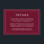 Cartão De Informações Casamento Elegante e Simples Monograma em Borgonha<br><div class="desc">Cartão de acompanhamento de casamento simples com um design moderno e elegante com seus detalhes cercados por uma fina borda. Todo o texto é branco sobre um fundo borgonha. As fontes e cores de fundo podem ser alteradas para quaisquer cores desejadas clicando no botão "personalizar". Um design sofisticado e elegante,...</div>