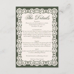 Cartão De Informações Casamento Elegante em Verde Oliva com Renda de Mar