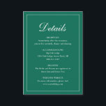 Cartão De Informações Casamento Elegante Emerald Verde Tradicional Forma<br><div class="desc">O tom de joia tradicional emerald verde carta de cerimônias de casamento apresentando um design simples com "Detalhes" em um dentro de caligrafia elegante de uma fronteira fina. O modelo permite que você compartilhe informações importantes sobre seu dia especial. Este design clássico é perfeito para um casamento formal.</div>