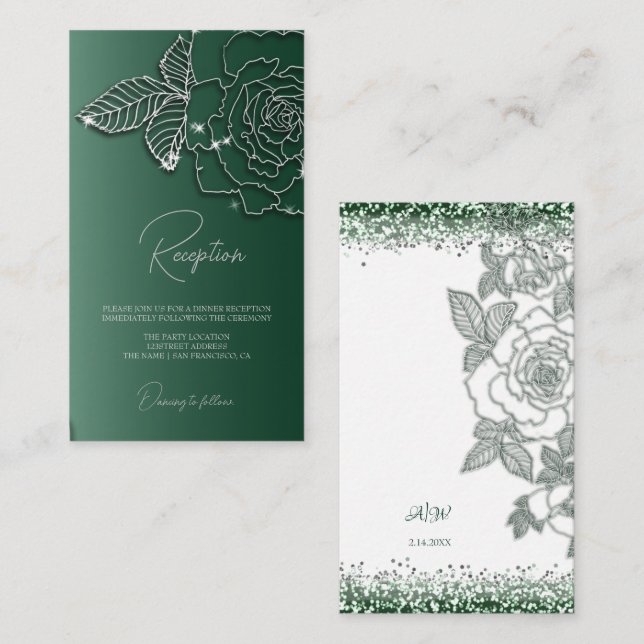 Cartão De Informações Casamento Elegante floral de Silver verde Emerald (Frente/Verso)