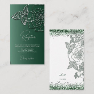 Cartão De Informações Casamento Elegante floral de Silver verde Emerald