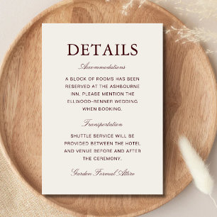 Cartão De Informações Casamento Elegante Formal Marfim e Borgonha
