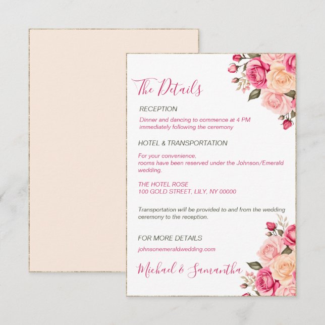 Cartão De Informações Casamento Elegante Fucia Pink e Ivory Rosa (Frente/Verso)