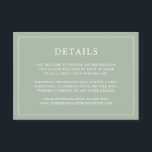 Cartão De Informações Casamento Elegante Monograma Verde de Sage Simples<br><div class="desc">Simples cartão de cerimônia de núpcias com um design moderno, mas elegante, com seus detalhes cercados por uma fina fronteira. Todo o texto está em branco sobre um fundo verde sábio. As fontes e as cores de fundo podem ser alteradas para qualquer cor desejada clicando no botão "personalizar". Um design...</div>