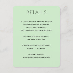 Cartão De Informações Casamento Elegante Negro e Verde-Pálido Minimalist