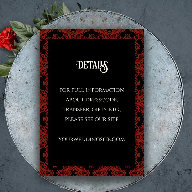 Cartão De Informações Casamento Elegante Preto e Vermelho Floral Gótico  (Black and Red Floral Gothic Dark Elegant Wedding Enclosure Card)