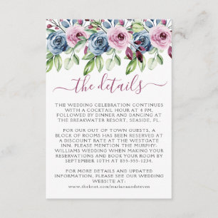 Cartão De Informações Casamento Floral Aquático de Vinho Azul-Marinho