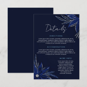 Cartão De Informações Casamento Floral Azul Chic Silver e Marinho