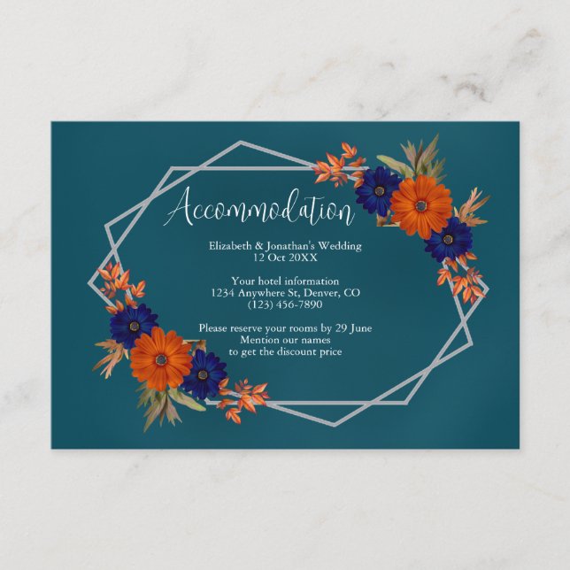 Cartão De Informações Casamento Floral Azul de Marinho Laranja de Outono (Frente)