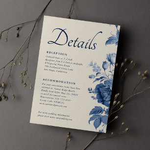 Cartão De Informações Casamento Floral Azul Francês e Creme Clássico Ele