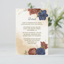 Cartão De Informações casamento floral azul-marinho de terracotta