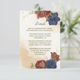 Cartão De Informações casamento floral azul-marinho de terracotta