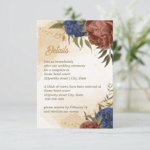 Cartão De Informações casamento floral azul-marinho de terracotta