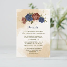 Cartão De Informações casamento floral azul-marinho de terracotta