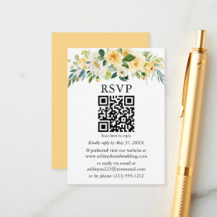 Cartão De Informações Casamento Floral Branco Amarelo de Aquarela QR RSV