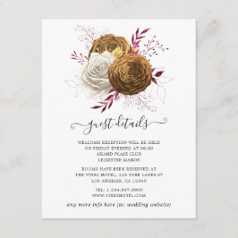 Cartão De Informações Casamento Floral Branco, Borgonha e Dourado
